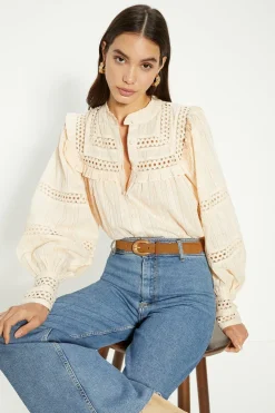 New Oasis Pintuck Ruffle Yoke Button Through Blouse Beige