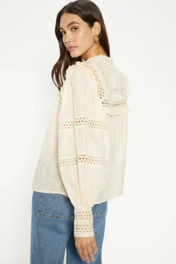 New Oasis Pintuck Ruffle Yoke Button Through Blouse Beige