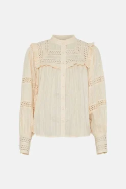 New Oasis Pintuck Ruffle Yoke Button Through Blouse Beige