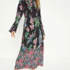 Outlet Oasis Placement Border Floral Midi Dress Black