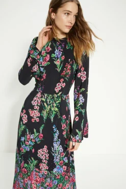 Outlet Oasis Placement Border Floral Midi Dress Black