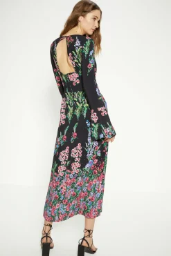 Outlet Oasis Placement Border Floral Midi Dress Black