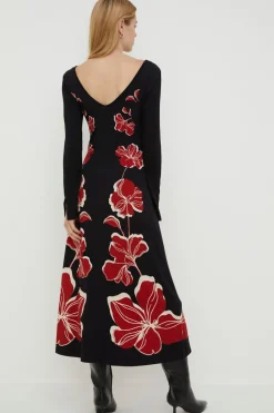 Online Oasis Placement Floral Keyhole Midi Dress Black