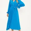 Online Oasis Plain Belted Pleat Wrap Midi Dress Blue