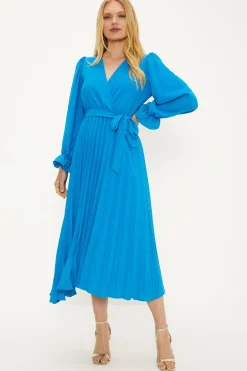 Online Oasis Plain Belted Pleat Wrap Midi Dress Blue