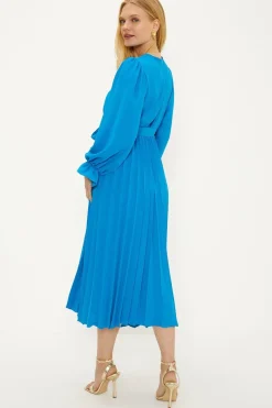 Online Oasis Plain Belted Pleat Wrap Midi Dress Blue