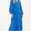Discount Oasis Plain Flute Sleeve Ruffle Wrap Dress Cobalt