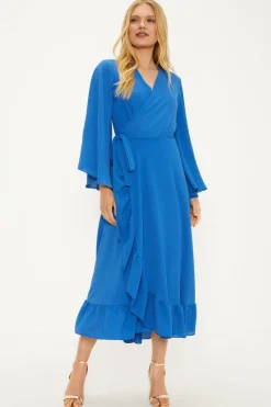 Discount Oasis Plain Flute Sleeve Ruffle Wrap Dress Cobalt