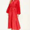 Hot Oasis Plain Satin Jacquard Spot Wrap Midi Dress Red
