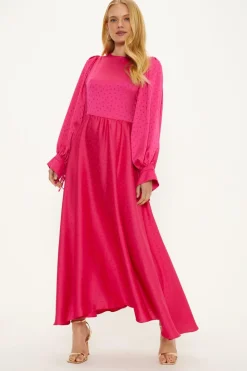 Fashion Oasis Plain Satin Jacquard Spot Tie Cuff Midi Dress Pink