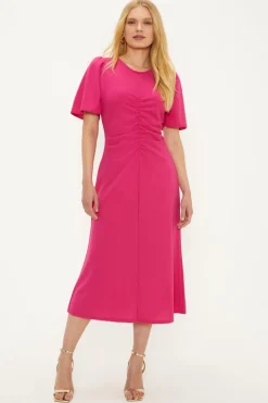 Online Oasis Plain Stretch Crepe Ruched Front Midi Dress Pink