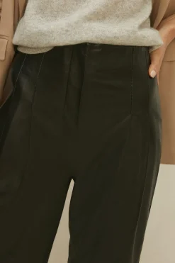 Online Oasis Pleat Detail Straight Leg Leather Trouser Black