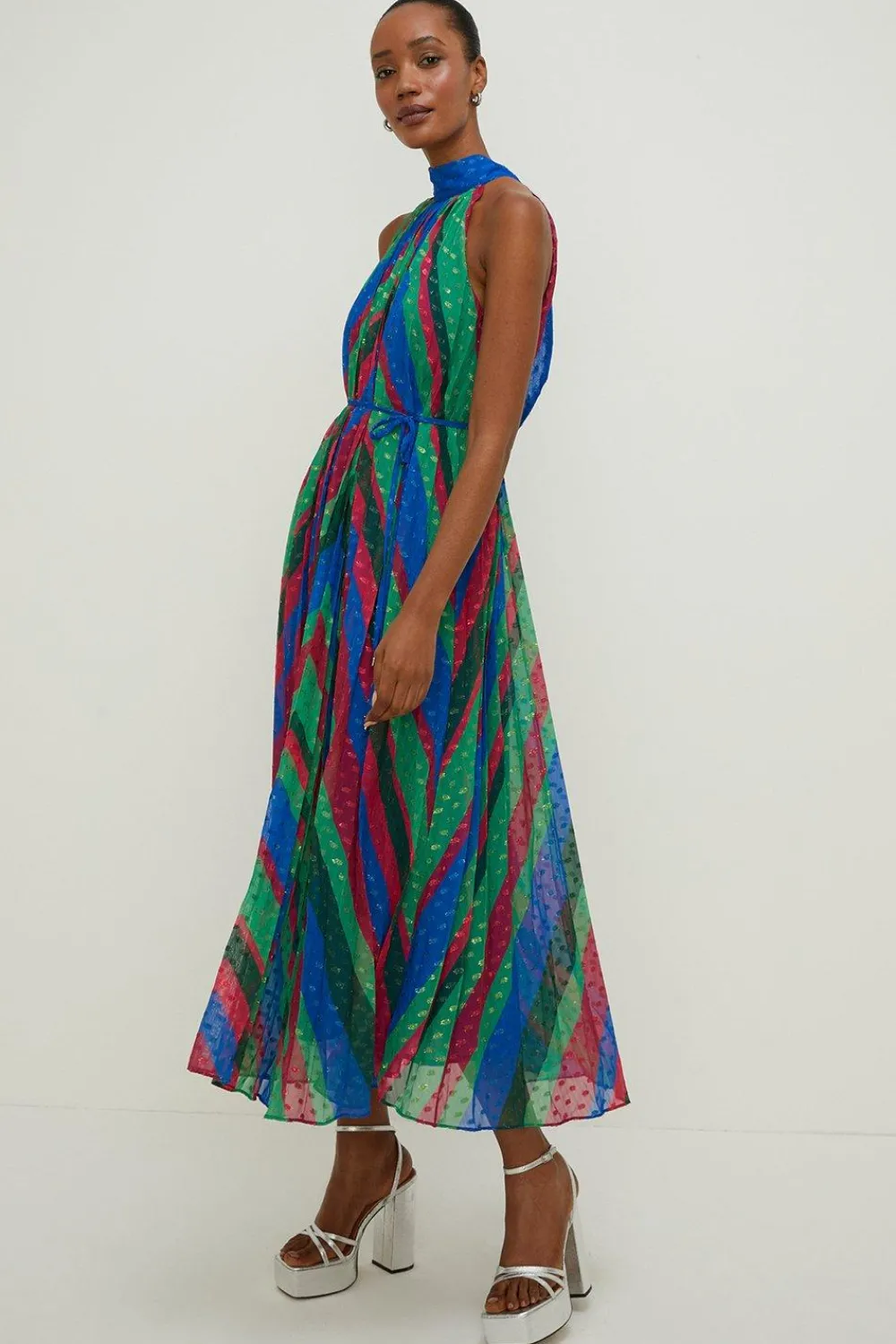 Outlet Oasis Pleated Stripe Halter Neck Trapeze Midi Dress Multi