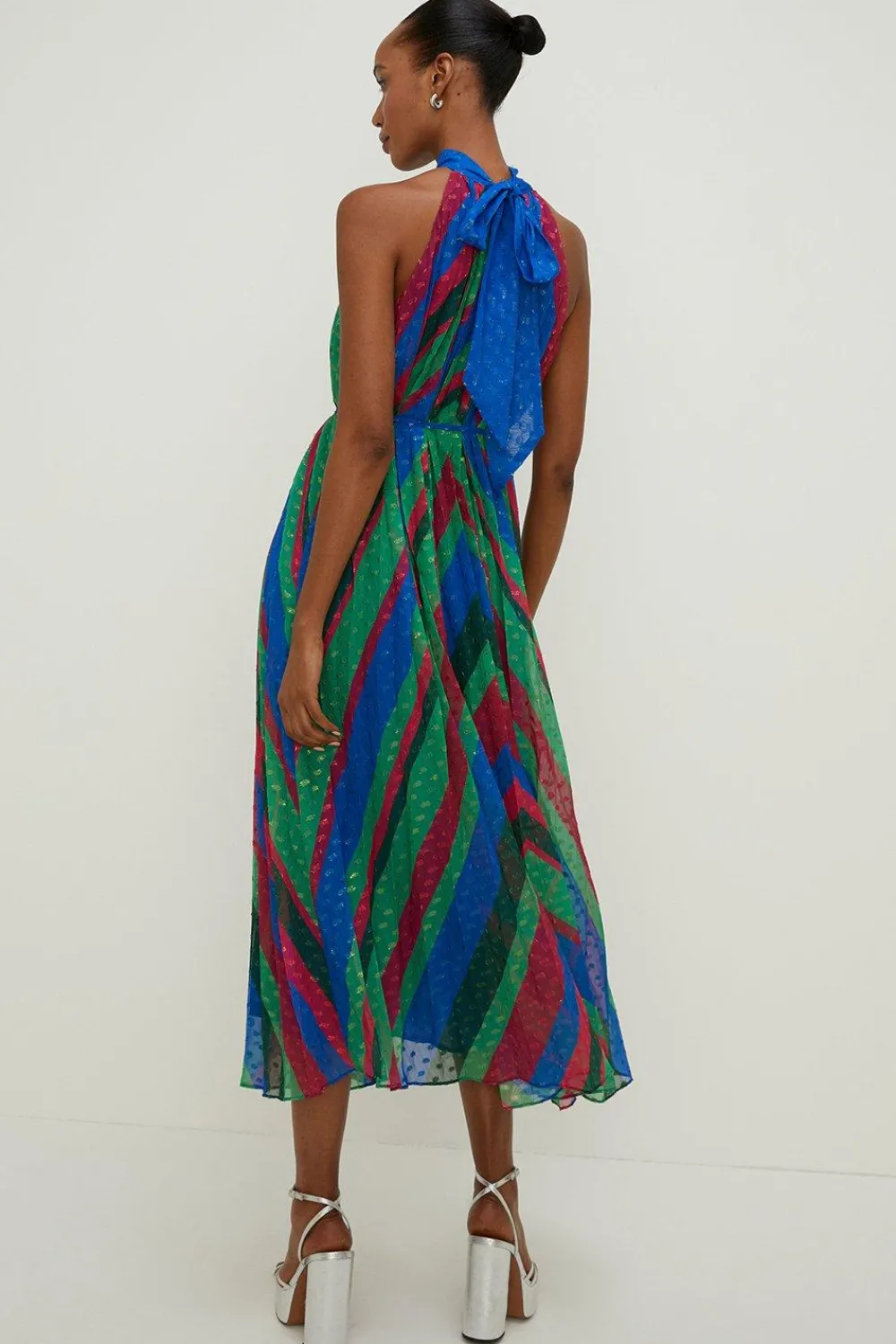 Outlet Oasis Pleated Stripe Halter Neck Trapeze Midi Dress Multi