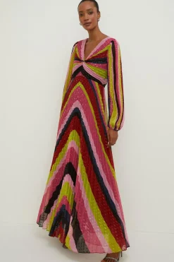 Clearance Oasis Pleated Stripe Metallic V Neck Midi Dress Pink