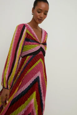 Clearance Oasis Pleated Stripe Metallic V Neck Midi Dress Pink