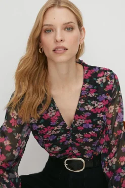 Hot Oasis Pleated V Neck Floral Blouse Multi