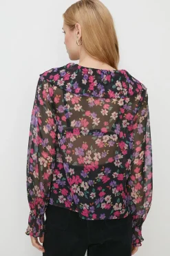 Hot Oasis Pleated V Neck Floral Blouse Multi