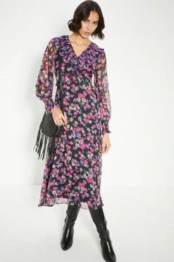 Online Oasis Pleated V Neck Floral Midi Dress Multi