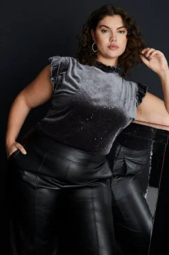 Hot Oasis Plus Glitter Velvet Frill Sleeveless Top Grey