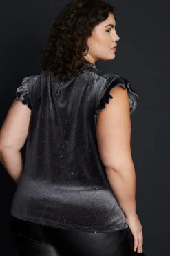Hot Oasis Plus Glitter Velvet Frill Sleeveless Top Grey