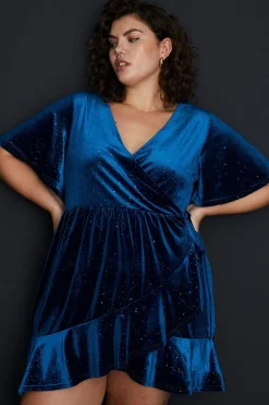 Clearance Oasis Plus Glitter Velvet Wrap Mini Dress Teal