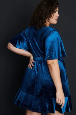 Clearance Oasis Plus Glitter Velvet Wrap Mini Dress Teal
