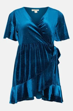 Clearance Oasis Plus Glitter Velvet Wrap Mini Dress Teal
