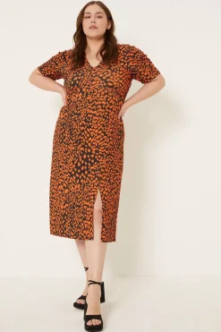 Outlet Oasis Plus Size Animal Ruched Sleeve Midi Dress Orange