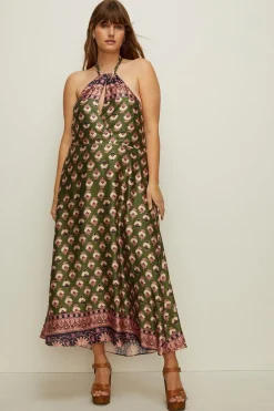 Hot Oasis Plus Size Border Placement Printed Halter Dress Khaki