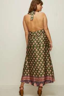Hot Oasis Plus Size Border Placement Printed Halter Dress Khaki