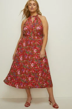 Outlet Oasis Plus Size Botanical Floral Halter Pleated Dress Red