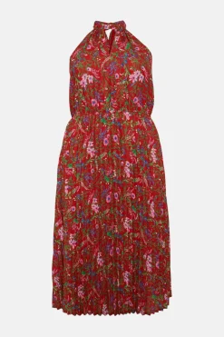 Outlet Oasis Plus Size Botanical Floral Halter Pleated Dress Red