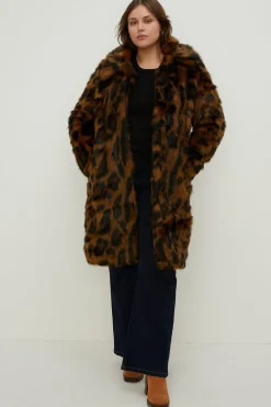 New Oasis Plus Size Collared Animal Faux Fur Coat Brown