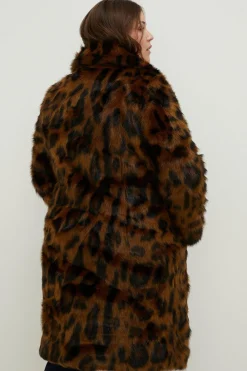 New Oasis Plus Size Collared Animal Faux Fur Coat Brown