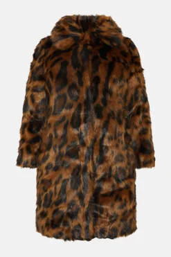 New Oasis Plus Size Collared Animal Faux Fur Coat Brown