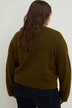 New Oasis Plus Size Cosy Rib Detail Crew Neck Jumper Green Olive