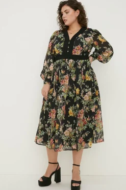Sale Oasis Plus Size Dark Floral Lace Dobby V Midi Dress Black
