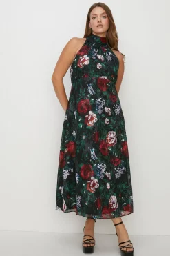 Hot Oasis Plus Size Dark Floral Satin Burnout Dress Black
