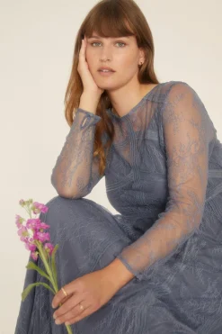 Sale Oasis Plus Size Delicate Lace Long Sleeve Dress Slate Blue