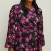 Hot Oasis Plus Size Dobby Satin Floral Tie Side Dress Black