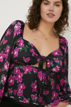 Discount Oasis Plus Size Dobby Satin Floral Tie Front Top Black