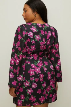 Hot Oasis Plus Size Dobby Satin Floral Tie Side Dress Black