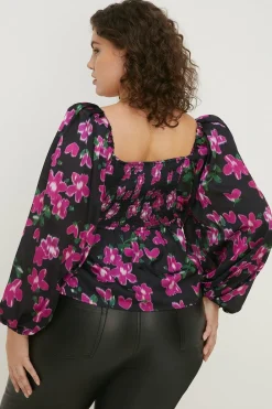 Discount Oasis Plus Size Dobby Satin Floral Tie Front Top Black