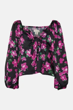 Discount Oasis Plus Size Dobby Satin Floral Tie Front Top Black