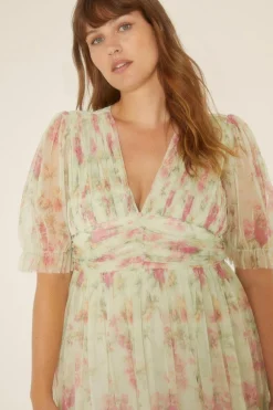 Online Oasis Plus Size Floral Button Detail Mesh Dress Sage