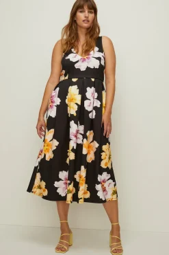 Hot Oasis Plus Size Floral Cross Back Scuba Midi Dress Black