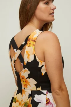 Hot Oasis Plus Size Floral Cross Back Scuba Midi Dress Black