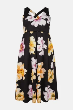 Hot Oasis Plus Size Floral Cross Back Scuba Midi Dress Black