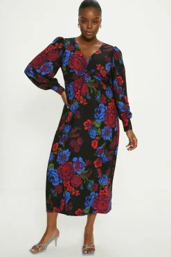 Online Oasis Plus Size Floral Printed Twist Front Crepe Midi Dress Black